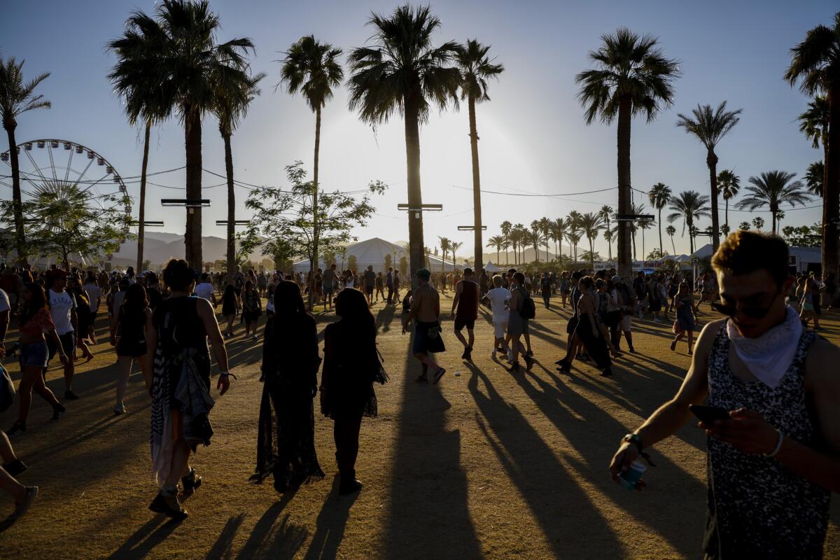 Shadows grow long as the sun begins to set on the second day of weekend two of the Coachella Valley Music and Arts Festival.