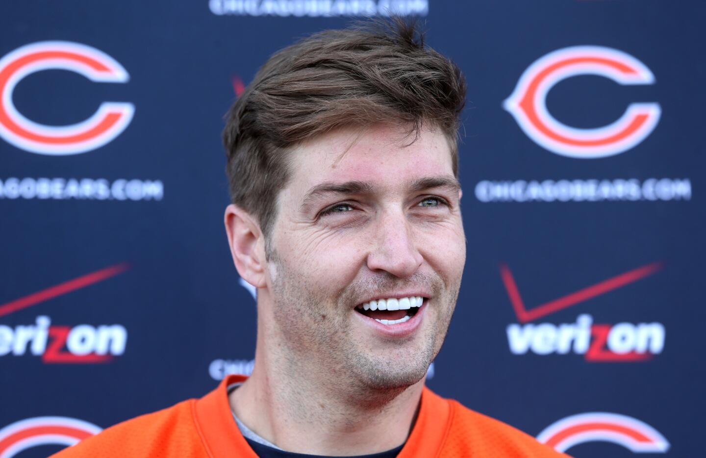 Jay Cutler has a laugh while speaking to the media following minicamp.