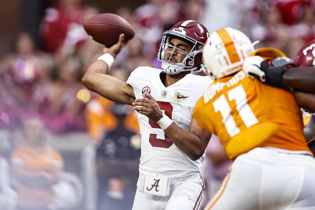 Alabama quarterback Bryce Young throws against Tennessee on Oct. 15.