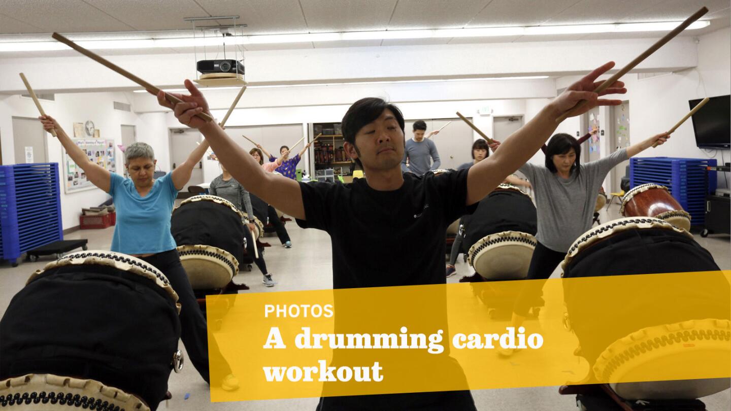 Taiko instructor Masato Baba leads a drumming class. Baba is artistic director of TaikoProject, the performing troupe that offers the community classes.