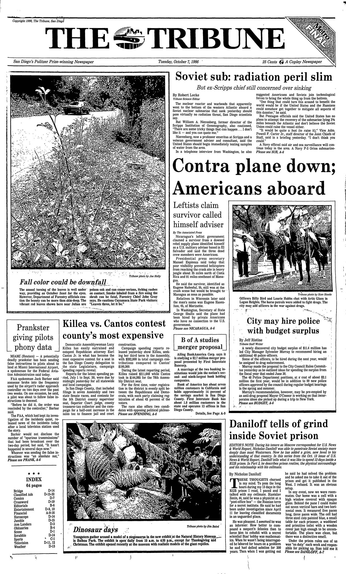 Front page of The Tribune, Tuesday, Oct. 7, 1986