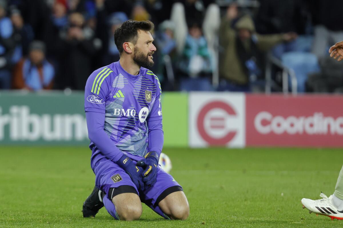 Los Angeles FC goalkeeper Hugo Lloris (1) kneels.