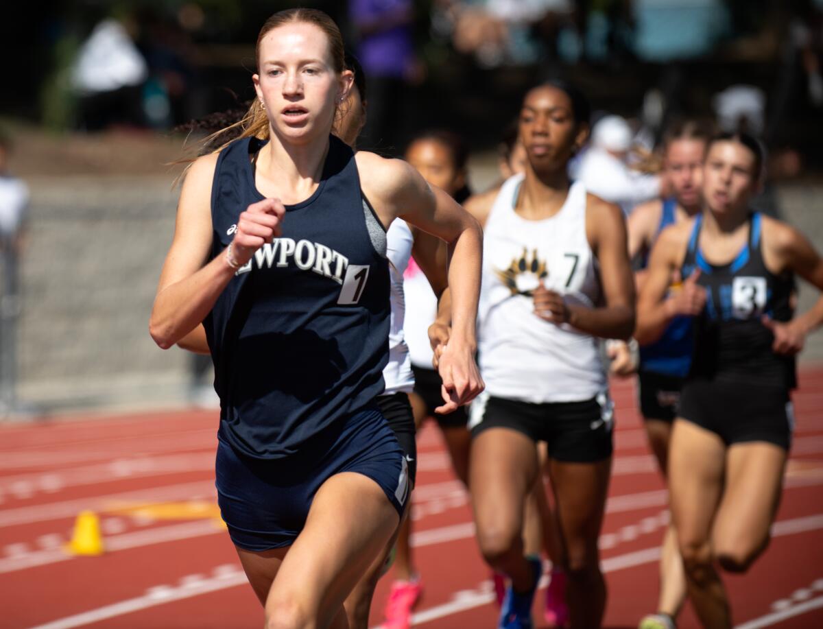 Newport Harbor's Keaton Robar pulls ahead at the CIF Southern Section track and field finals.