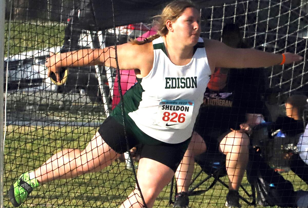 Edison's Alexa Sheldon competes in the discus throw during the Arcadia Invitational on Saturday.