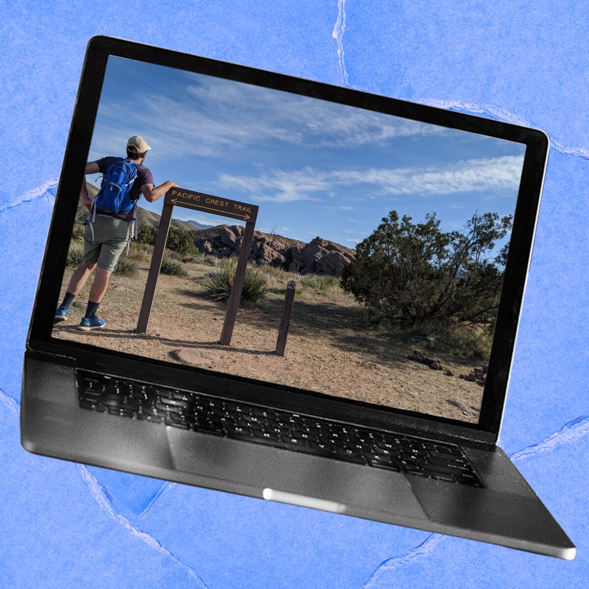Illustration of a laptop with a photo of a person wearing a backpack and standing next to a trail sign.