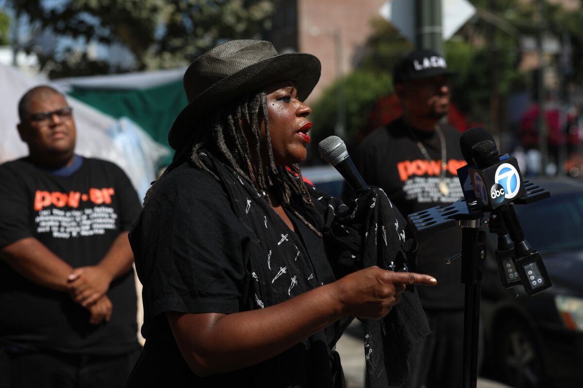 Suzette Shaw, a resident of Los Angeles skid row, opposes gentrification
