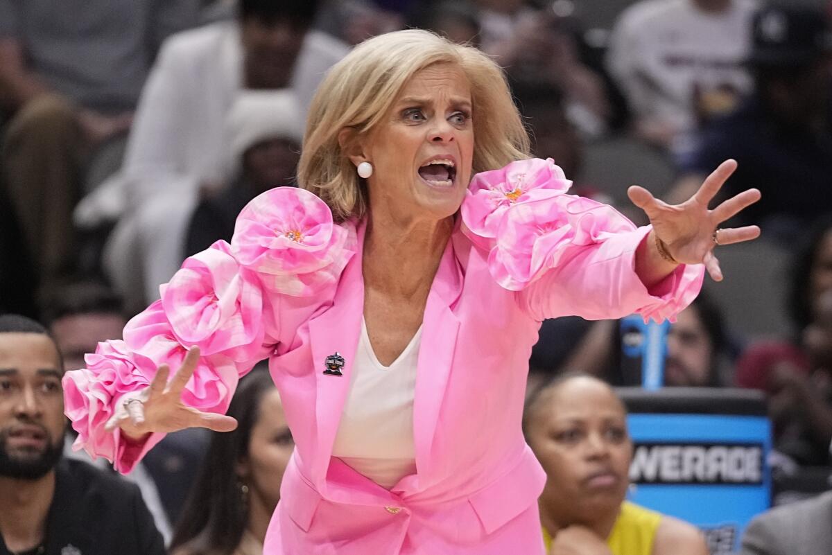 LSU coach Kim Mulkey reacts during the second half March 31, 2023, in Dallas. 