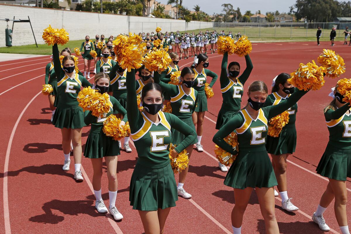 Edison High School cheerleaders during a Spring signing day ceremony on April 14.