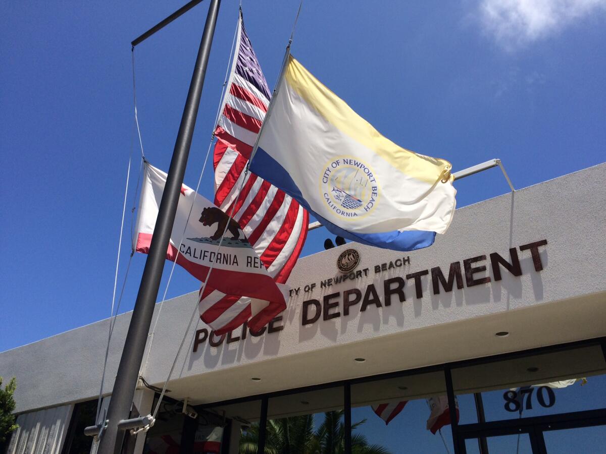 The front entrance of the Newport Police Department building in Newport Beach.
