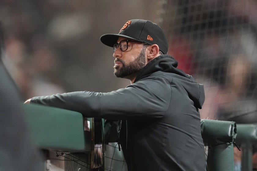 San Francisco Giants manager Gabe Kapler watches the team play the San Diego Padres.
