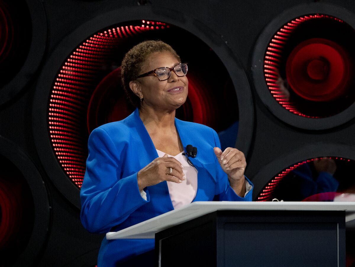 Mayoral candidate Karen Bass speaking during Thursday's debate. 
