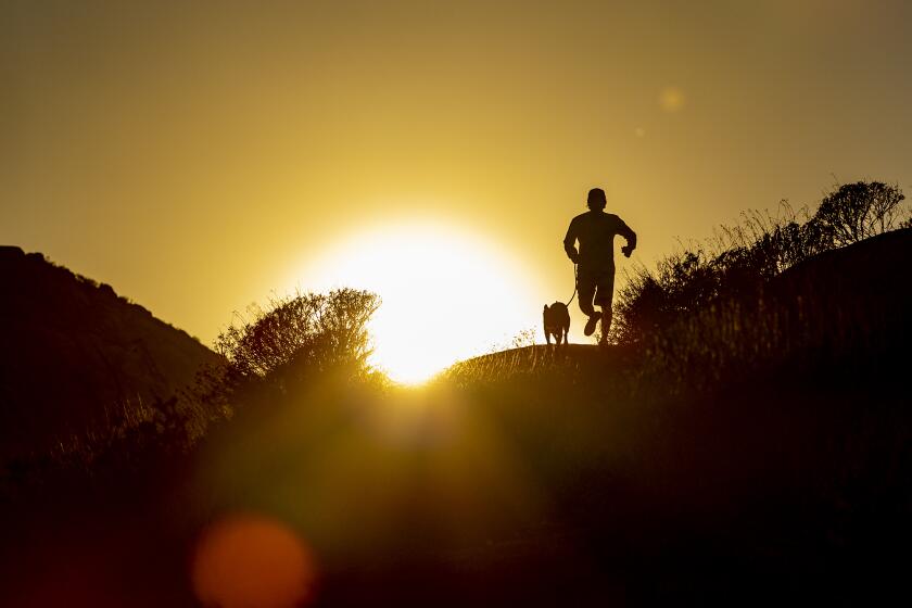 RIVERSIDE, CA - SEPTEMBER 27, 2022: With temperatures reaching triple-digits on Tuesday, a resident takes advantage of the 90 degree temps at dusk to get in a jog with his dog at Challen Park on September 27, 2022 in Riverside, California. The September heat wave brought triple-digit temps to the Inland Empire as the National Weather Service issued heat warnings for Southern California for the week.(Gina Ferazzi / Los Angeles Times)