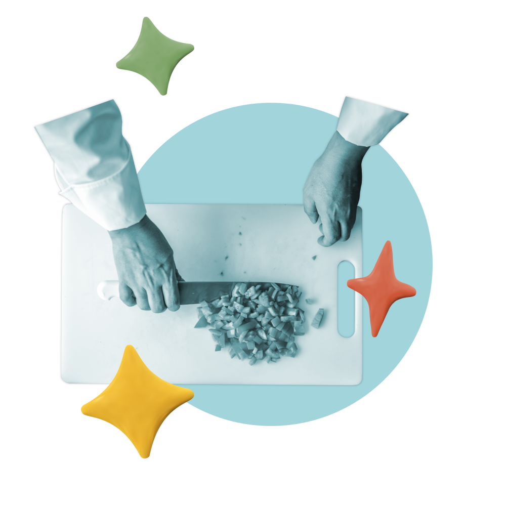 collage featuring hands dicing vegetables on a cutting board