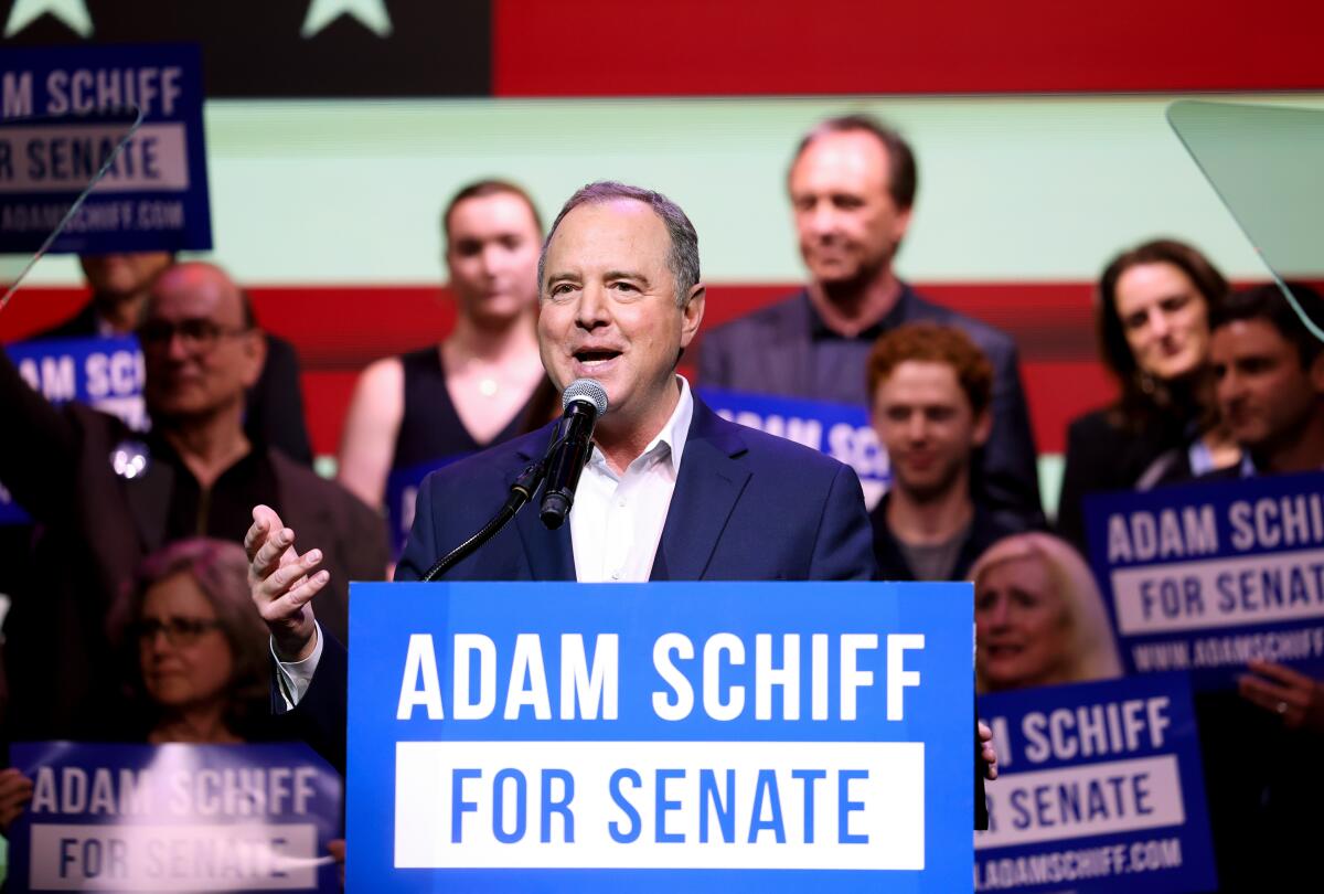 Adam Schiff addressing supporters on election night