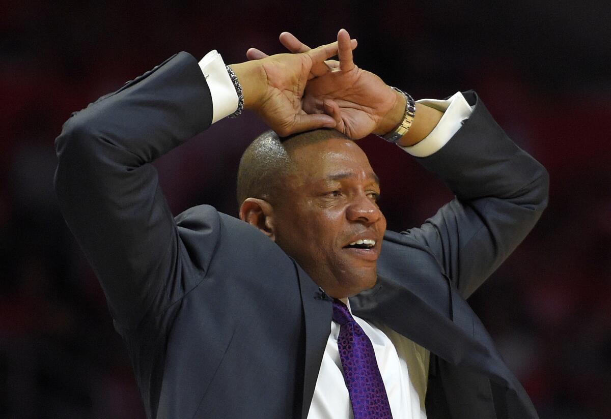 Coach Doc Rivers reacts to a foul call during Game 5 of an NBA playoff series between his Clippers and the Portland Trail Blazers on Wednesday.