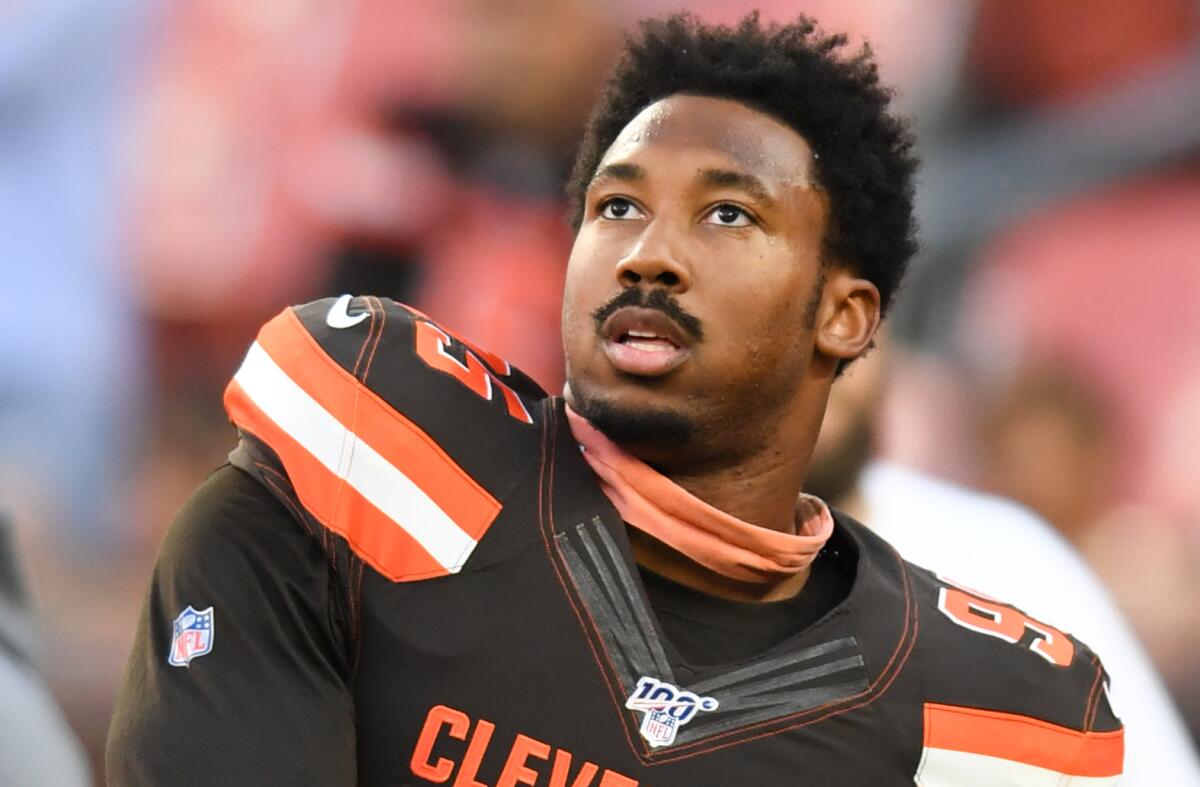 Cleveland Browns defensive end Myles Garrett before a preseason game against the Detroit Lions on Aug. 29, 2019, at FirstEnergy Stadium in Cleveland.