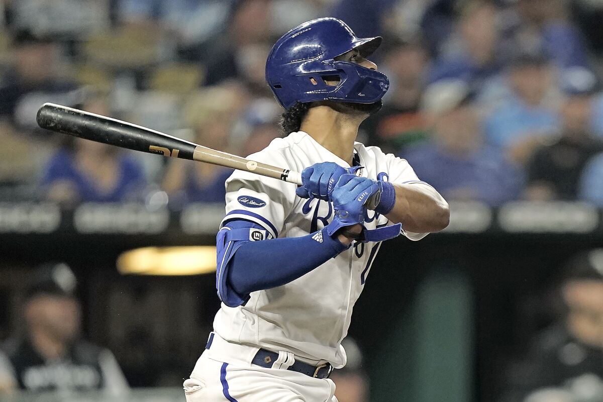 Kansas City Royals' MJ Melendez watches his two-run home run during the eighth inning of a baseball game against the Chicago White Sox Wednesday, May 18, 2022, in Kansas City, Mo. (AP Photo/Charlie Riedel)