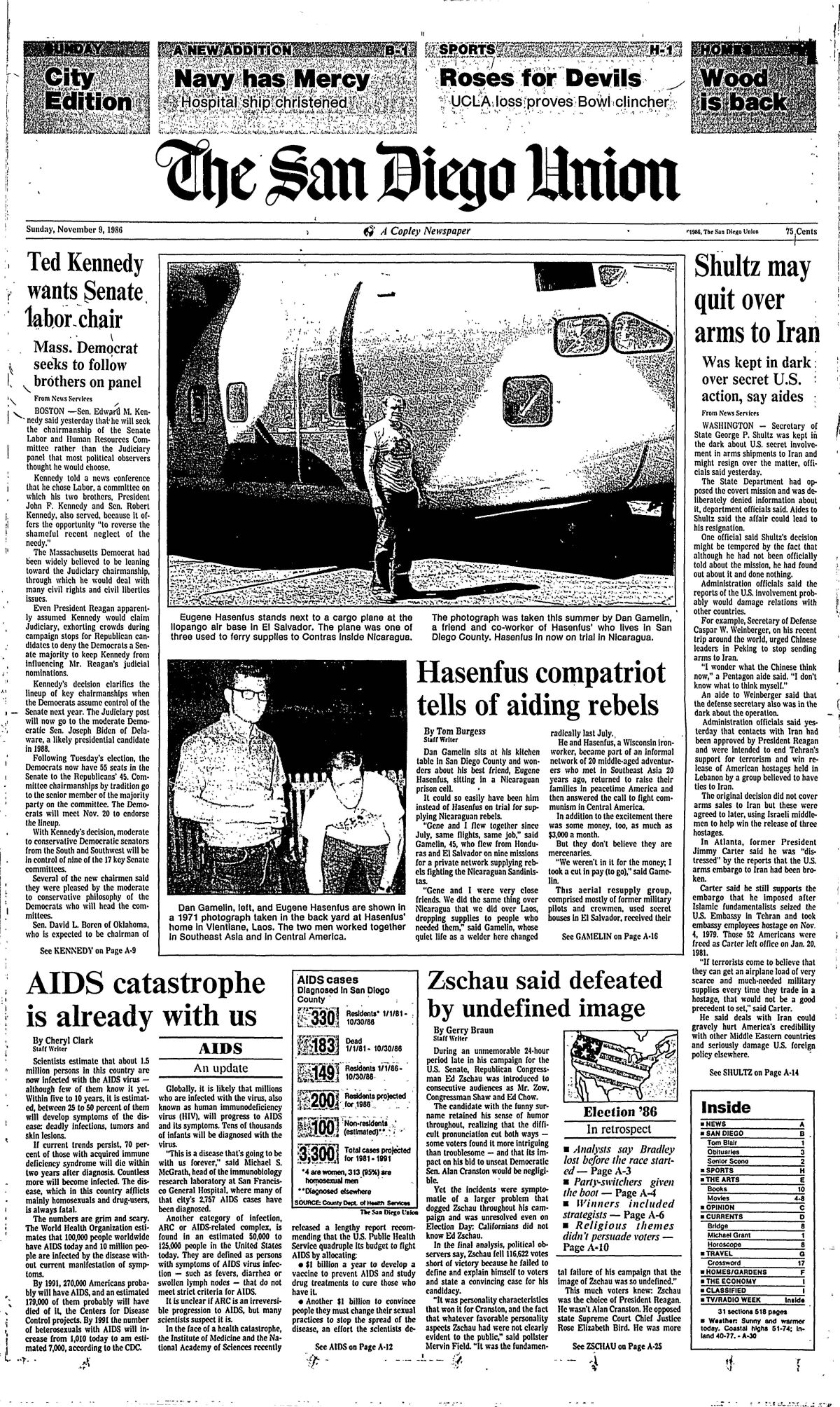 Front page of The San Diego Union, Sunday, Nov. 9, 1986