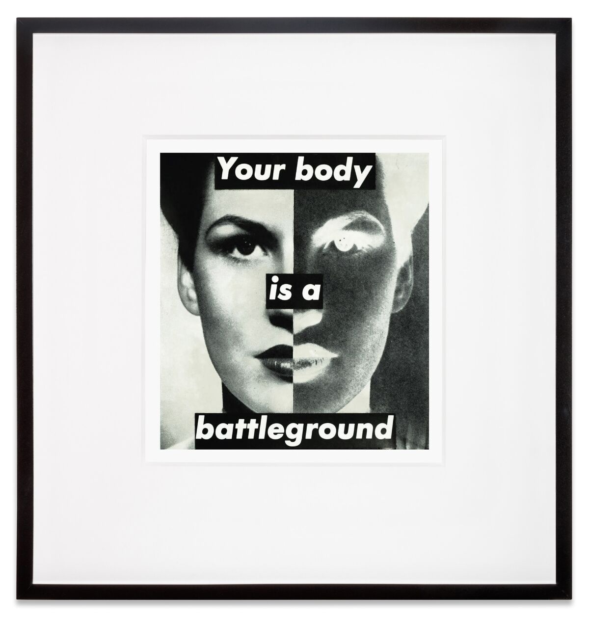 A black and white photo collage shows a woman's face split in two with "Your body is a battleground" in bold type.
