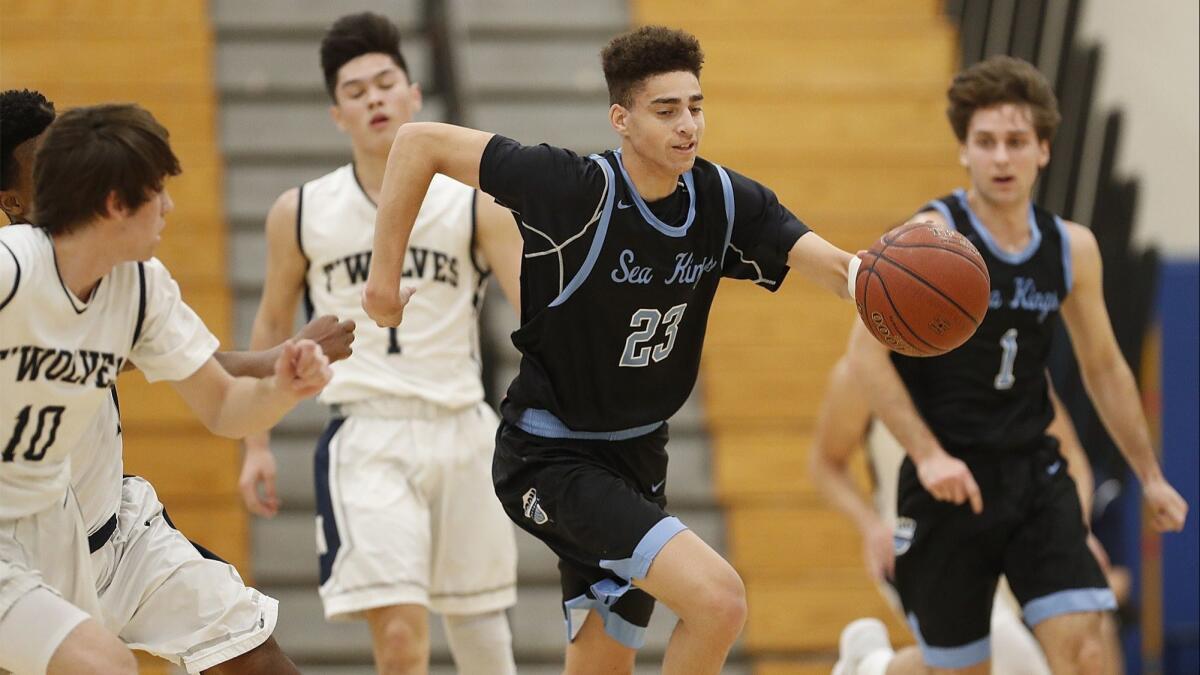 Kevin Kobrine (23), a two-time All-Pacific Coast League selection, averaged 18.8 points, 10.5 rebounds, 3.9 assists, 1.6 steals and 1.3 blocks per game for Corona del Mar High during the 2017-18 season.