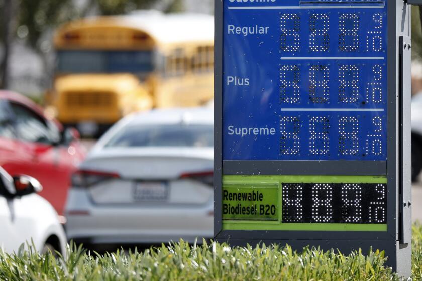 San Diego CA - March 25: The average price for regular-grade gasoline is back over the $5 per gallon mark, shown here at a Chevron station in Kearny Mesa on Monday, March 25, 2024. (K.C. Alfred / The San Diego Union-Tribune)