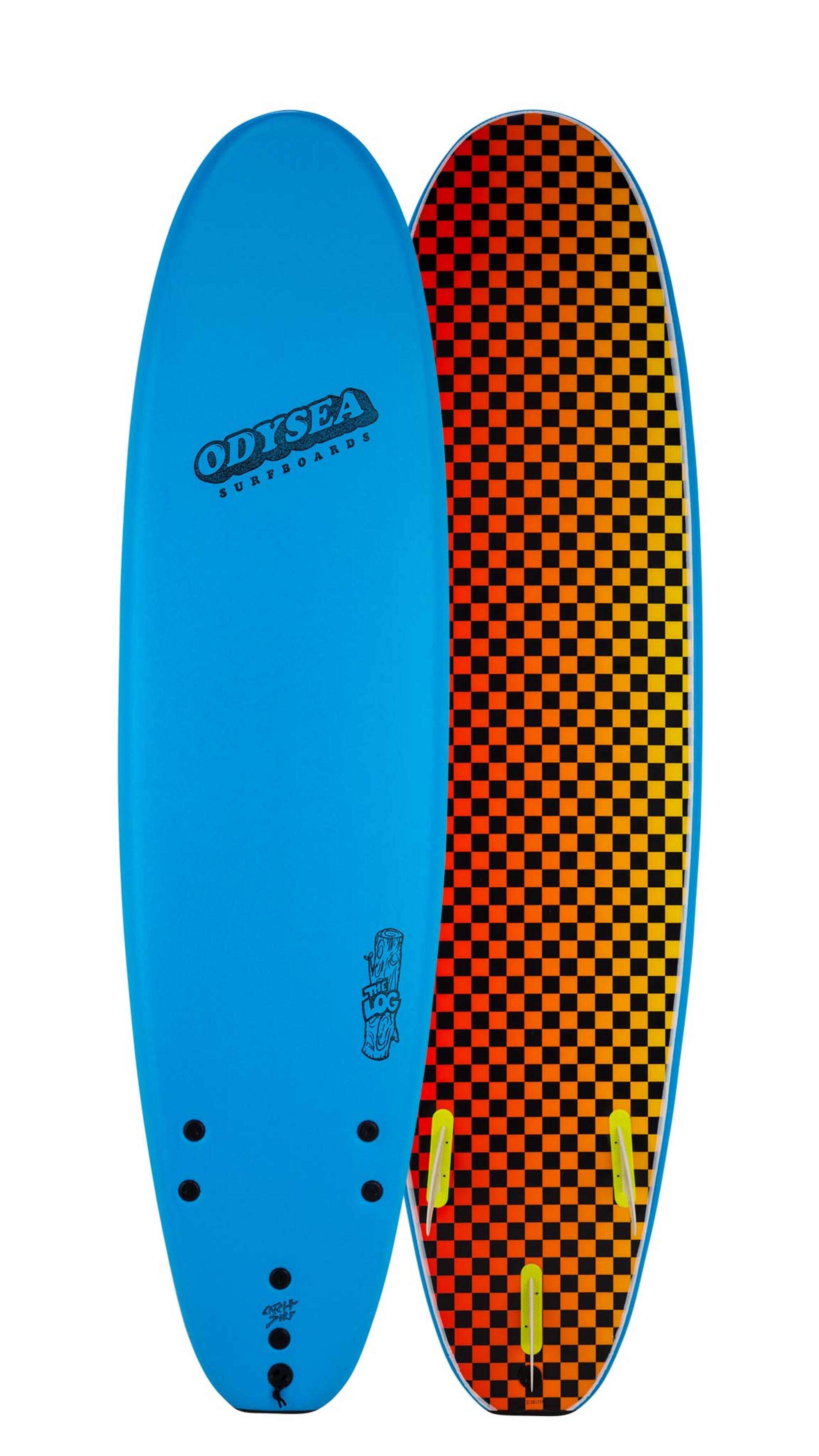 The blue front and checkered back of a foam surfboard