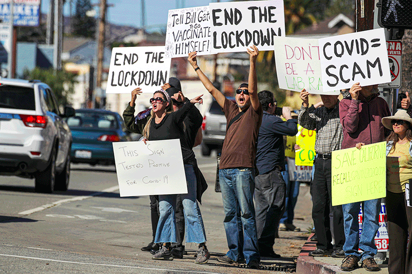 A protest at the Dodger Stadium COVID-19 vaccination site on Jan. 30, 2021.