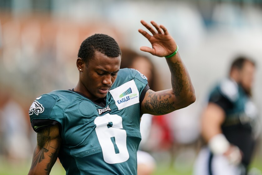 Philadelphia Eagles wide receiver DeVonta Smith warms up during a joint practice with the New England Patriots at the Eagles NFL football training camp Monday, Aug. 16, 2021, in Philadelphia. (AP Photo/Matt Rourke)