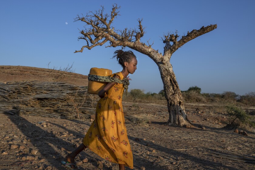 A woman who fled the conflict in Ethiopia's Tigray region carries water on her back