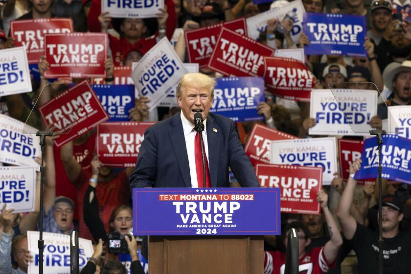 Republican presidential nominee former President Donald Trump speaks at a campaign rally in Bozeman, Mont., Friday, Aug. 9, 2024. (AP Photo/Janie Osborne)