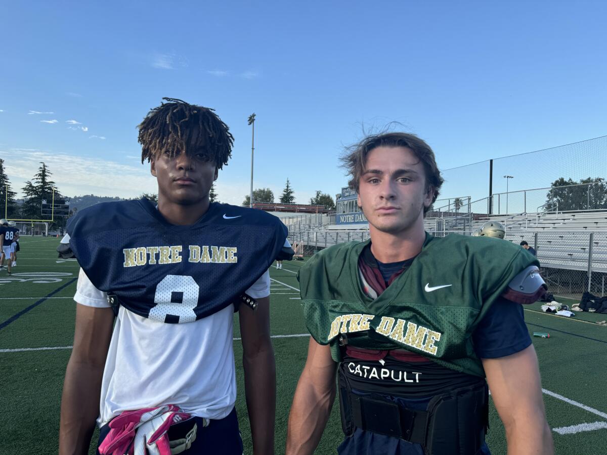 Column: Prep soccer storylines to observe for the 2024 playoffs 2 Junior receiver Luc Weaver, left, and senior quarterback Steele Pizzella of Sherman Oaks Notre Dame.