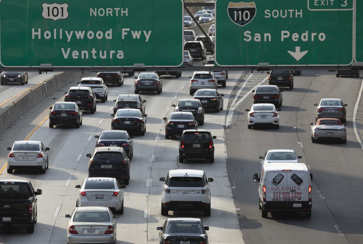Taffic crawls along the 101 Freeway through downtown Los Angeles on June 16