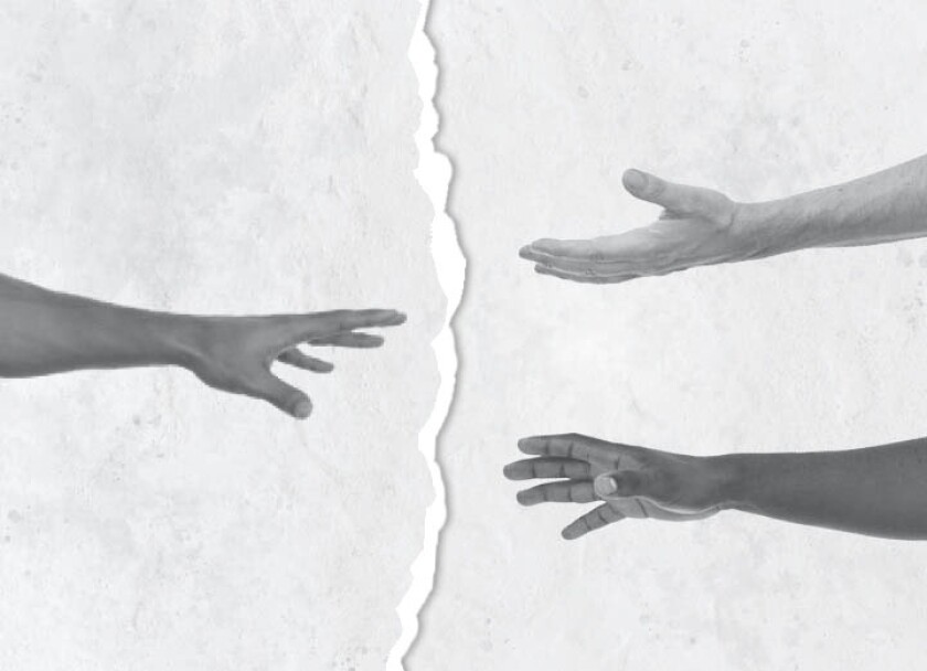 Photo illustration of three hands reaching to one another.