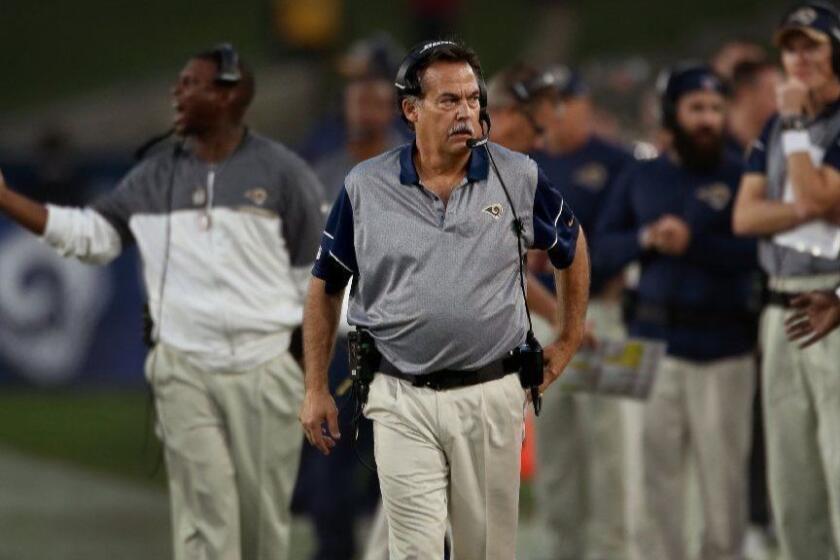 LOS ANGELES, CA. -- SUNDAY, DECEMBER 11, 2016 -- Jeff Fisher, head coach of the Los Angeles Rams was fired after a 42-14 loss to the Atlanta Falcons at the Los Angeles Memorial Coliseum. Fisher had a losing record with the Rams over the last five seasons. ( Rick Loomis / Los Angeles Times )