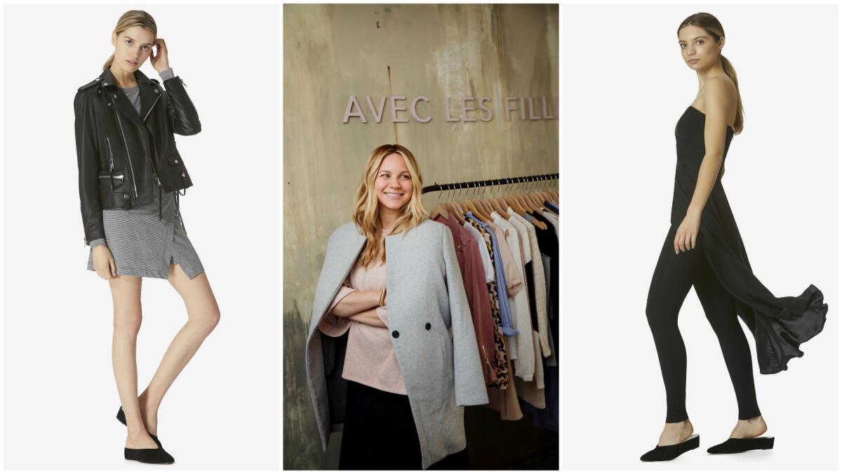 Joyce Azria, center, created her new fashion label, Avec les Filles, which sells a leather moto jacket, $595, and jersey wrap dress, $68, left, and a skirt-over-pant jumpsuit, $118, right.