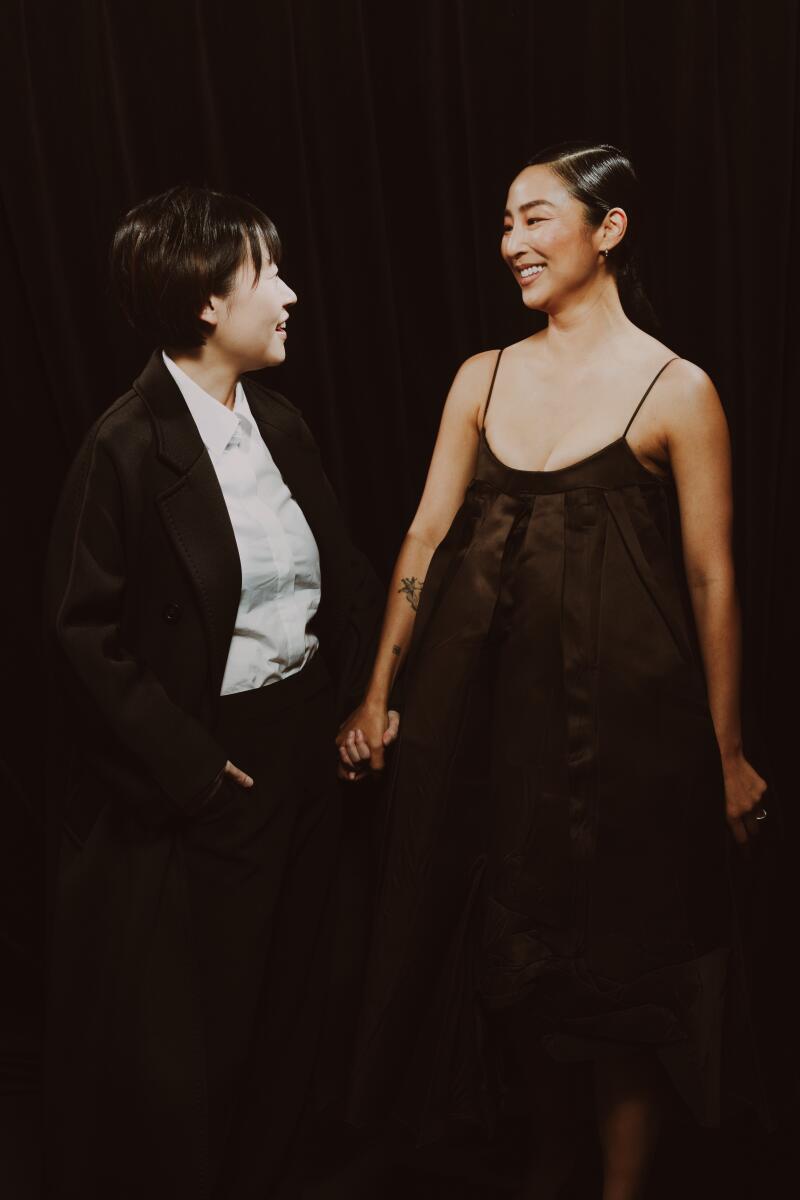 Celine Song, director, left and actress Greta Lee, both from the film, "Past Lives," are recipients of the Crystal Award for Advocacy and are photographed in the Los Angeles Times Portrait studio
