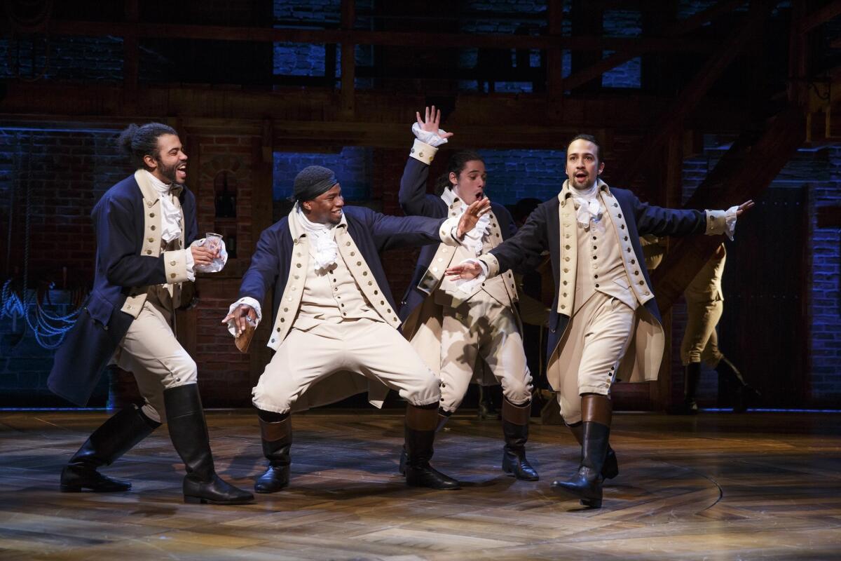 Daveed Diggs, left, Okieriete Onaodowan, Anthony Ramos and Lin-Manuel Miranda in "Hamilton."