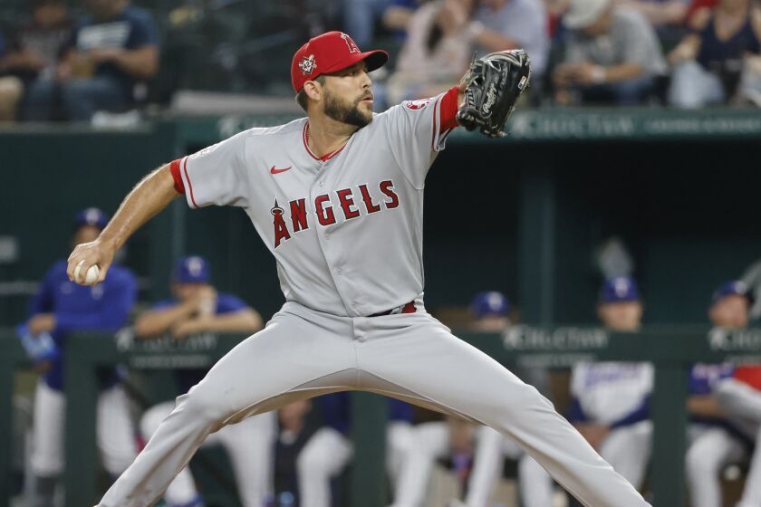 Los Angeles Angels relief pitcher Ryan Tepera pitches against the Texas Rangers.