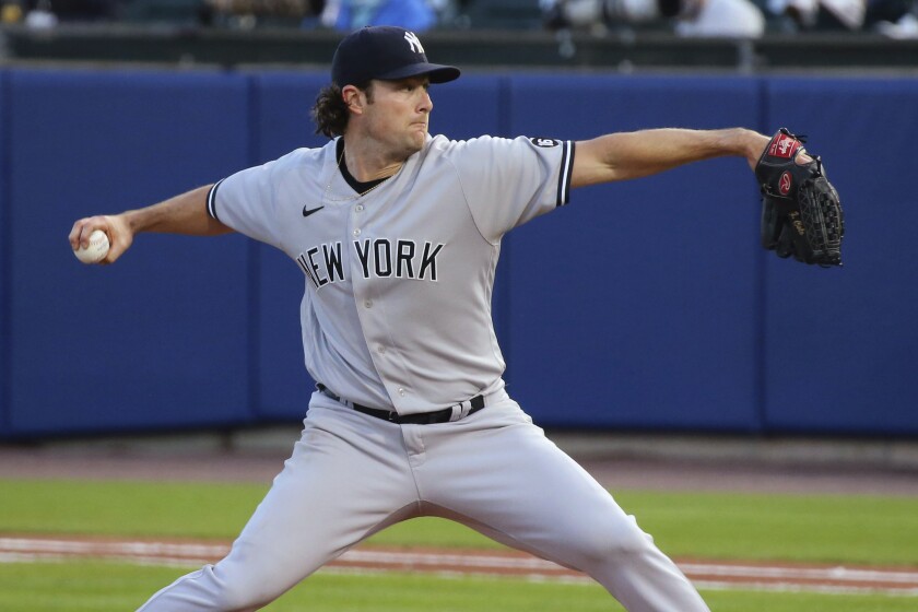 New York Yankees starting pitcher Gerrit Cole throws to a Toronto Blue Jays batter during the fifth inning of a baseball game Wednesday, June 16, 2021, in Buffalo, N.Y. (AP Photo/Jeffrey T. Barnes)
