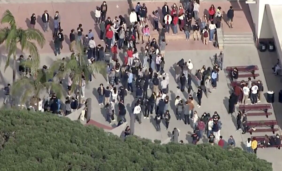 Redondo Union High School students gather in courtyard.