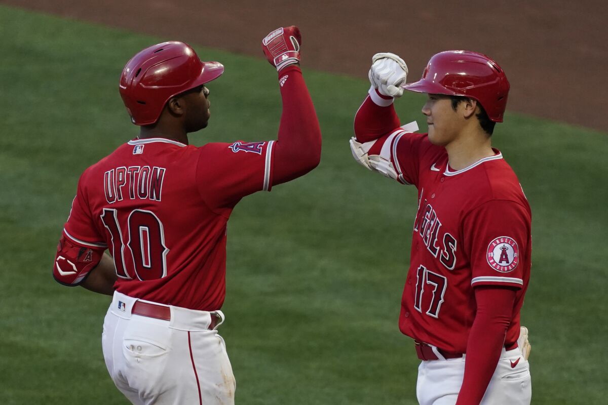 Justin Upton has a .306 batting average since becoming the Angels leadoff hitter. (AP Photo/Ashley Landis)