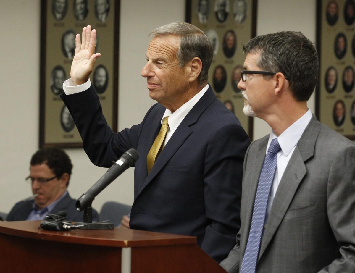 Former San Diego Mayor Bob Filner takes an oath before he pleads guilty on state charges of felony false imprisonment and misdemeanor battery. The charges involve three unnamed female victims.