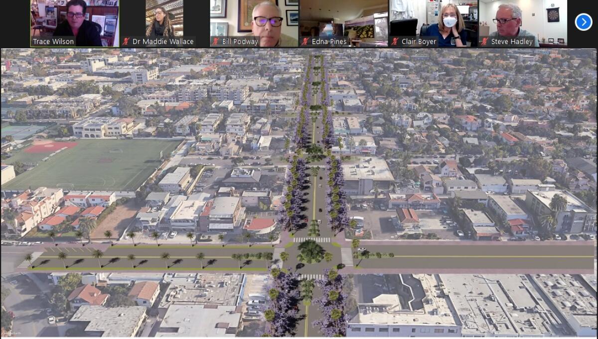Architect Trace Wilson presents a possible view of Pearl Street to the La Jolla Village Merchants Association.