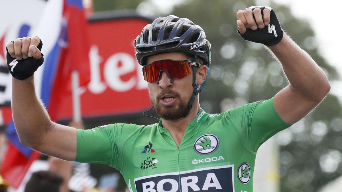 Peter Sagan celebrates after winning the fifth stage of last year’s Tour de France. Sagan will be competing in the Amgen Tour of California, which starts Sunday.