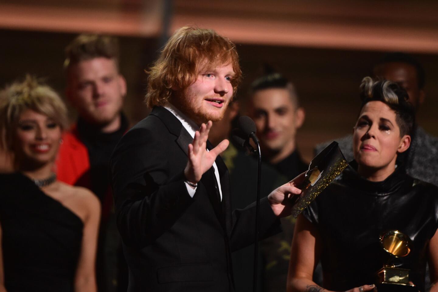 Ed Sheeran recieves the award for song of the year, "Thinking Out Loud."