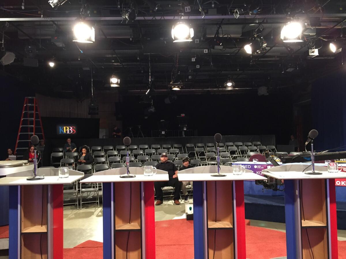 The empty stage before the U.S. Senate debate at KPBS in San Diego in May. This debate, which actually did happen, was during the primary campaign.