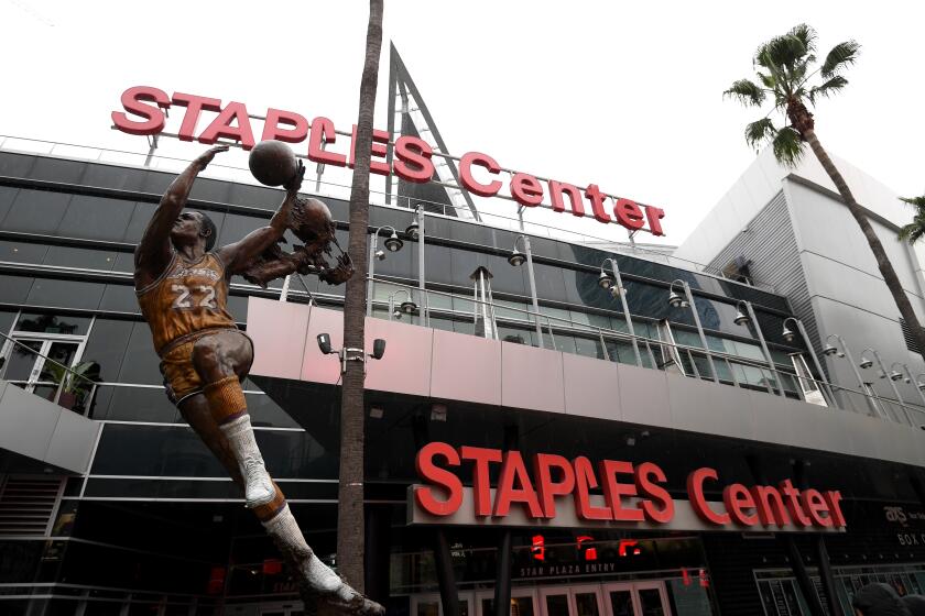 LOS ANGELES, CALIFORNIA - MARCH 12: Exterior of Staples Center after both the NHL and NBA postpone seasons due to corona virus concerns at Staples Center on March 12, 2020 in Los Angeles, California. (Photo by Harry How/Getty Images)