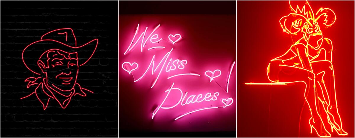 Neon art in the shape of a cowboy's head, the words "We Miss Places" and a pinup girl.