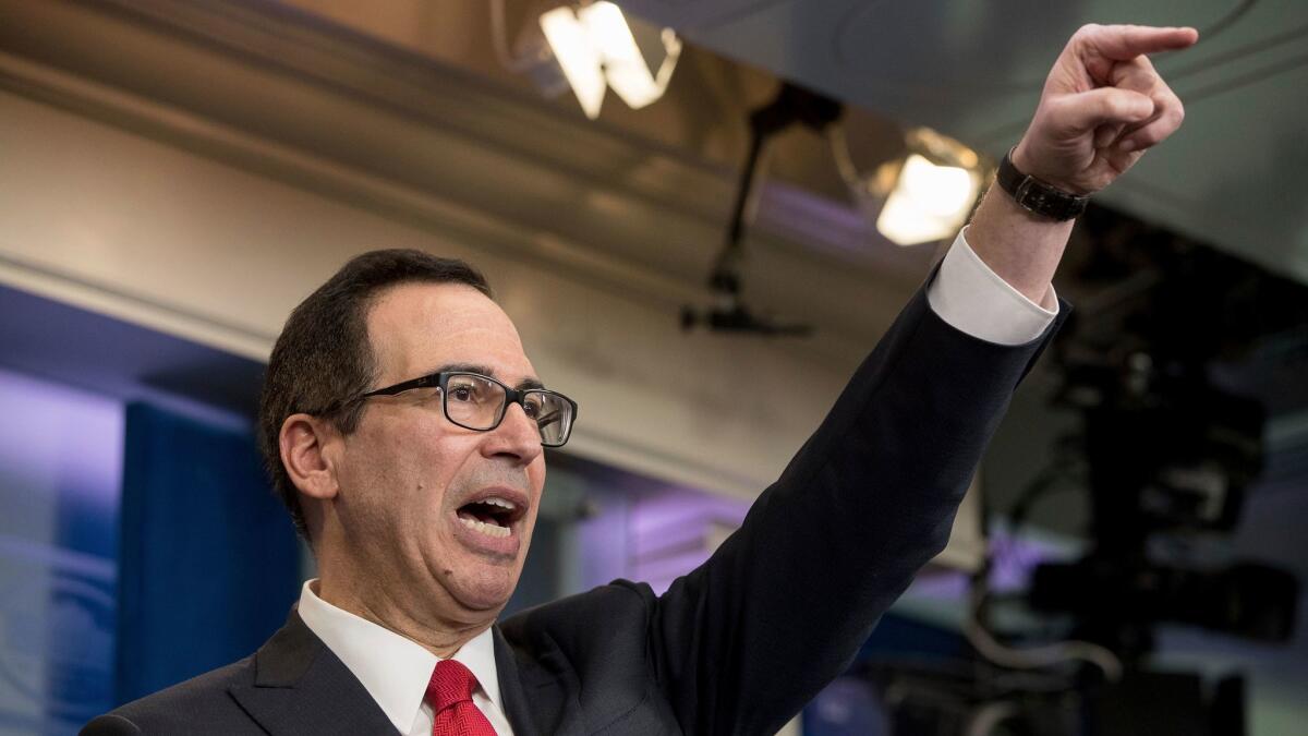 Treasury Secretary Steve Mnuchin takes a question in the briefing room of the White House in Washington on April 26, where he discussed President Trump's tax proposals.