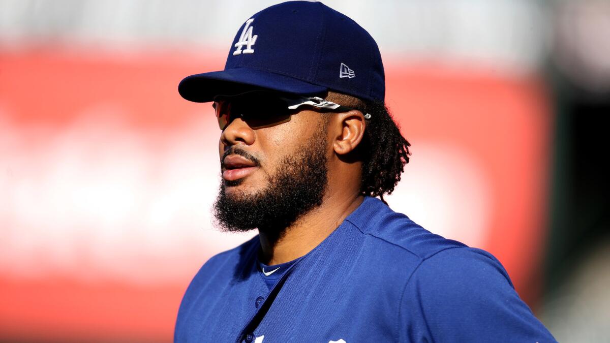 Dodgers closer Kenley Jansen warms up before a game against the Angels last week.